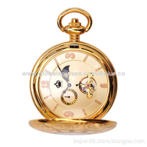 Gold pocket watch, brass material with mechanical movement, custom logo is accept